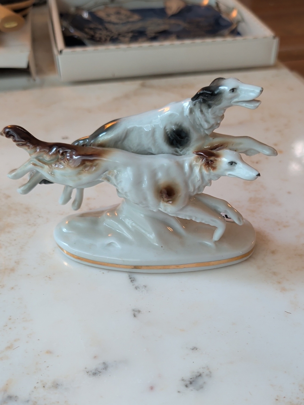 Porcelain Borzoi Dog Figurine Pair in White and Brown